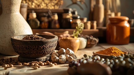 Rustic Ceramic Pots and Spices in Earthy Setting