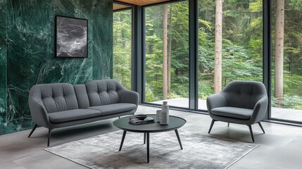 Obraz premium Modern grey sofa and armchair in forest view room