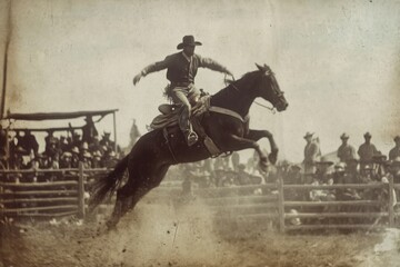 Vintage-style rodeo with a cowboy and horse