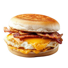 a delicious breakfast sandwich featuring a toasted bun filled with crispy bacon. a fried egg. and melted cheese. showcasing a tempting and satisfying meal option