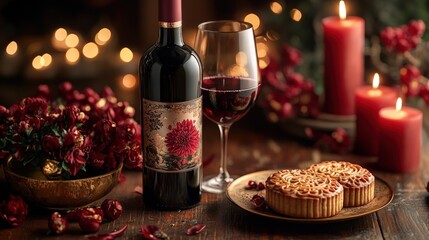 Romantic red wine and mooncakes