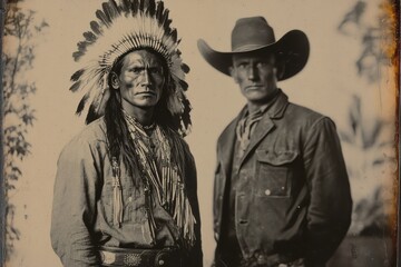 Native American warrior and cowboy in vintage photograph