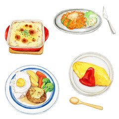 手描き水彩の洋食イラストセット, Hand-painted Western Food Illustration Set