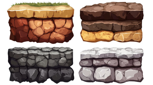 Game Platform Terrain Set:  A versatile set of four different platform textures, showcasing varied earth, stone, and rock formations, ready to be used for creating dynamic game environments. 