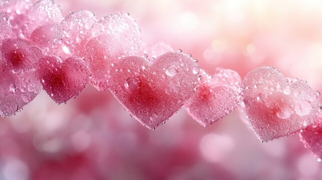 Dewy pink hearts curve, bokeh background, Valentine's Day card
