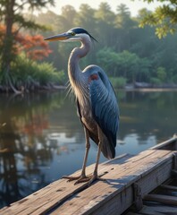 Naklejka premium A blue heron sits perched on a weathered boat dock, its feathers ruffled by the gentle breeze, as it surveys its surroundings with an air of calmness , nature, avian photography