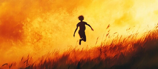 Fototapeta premium Person leaps in field at sunset. Golden light and tall grasses in the background. Possible use ads