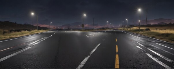 A dark asphalt road stretches into the distance, lined with black tire tracks and a few scattered streetlights, nighttime landscape, paved road, darkness