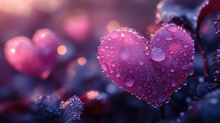 Obraz premium Dew-kissed heart-shaped leaf at sunrise, garden bokeh