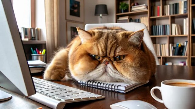 Lazy ginger exotic cat lying down with his head on the desk at work in the office. Сhubby, funny, cute pet with a tired face. Lazily reaching for the keyboard with his paw. Boredom, burnout, apathy