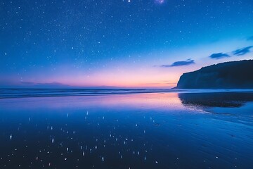 Serene twilight beach scene under a starry sky, reflecting the colors of sunset in the calm ocean waters.