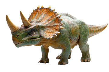Large triceratops model showcasing its distinct three horns and frill in vibrant colors isolated on transparent background