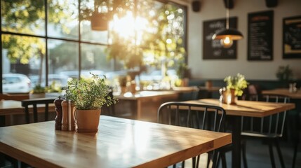 Obraz premium Sunlit cafe interior with empty tables and chairs.