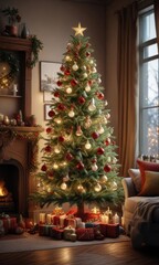 A festive Christmas tree decorated with ornaments and lights in a cozy living room, cozy living room, christmas eve
