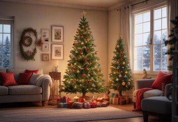 A festive evergreen Christmas tree stands tall in a cozy living room decorated with colorful ornaments and twinkling lights, , winter wonderland