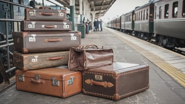 Vintage Suitcases at Train Station: A stack of vintage suitcases, worn and weathered, sits on a train platform awaiting departure, evoking a sense of journey, nostalgia, and travel.