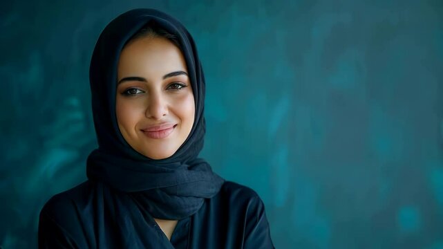 A professional portrait of an Emirati woman wearing a hijab, smiling with her arms crossed and looking at the camera