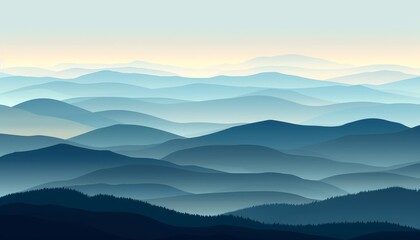 Fototapeta premium A panoramic view of a mountain range with a hazy blue sky, the mountains fade into the distance.