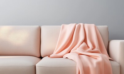 Cozy living room scene with soft pink blanket on couch modern interior natural light calm atmosphere