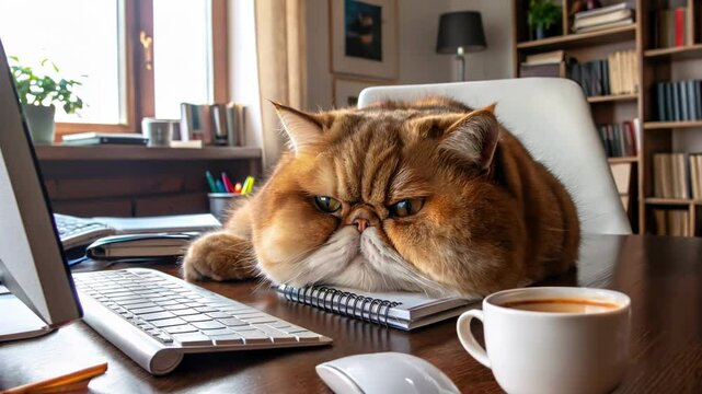 Lazy funny ginger exotic cat lying down with his head on the desk at work in the office. Cute pet with a tired, unmotivated face do not want. Boredom, burnout, apathy, laziness concept