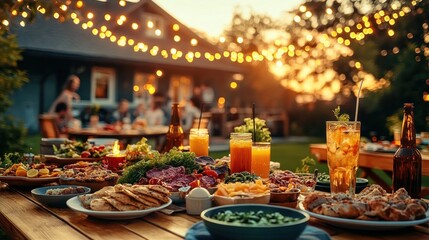 Colorful Backyard Dinner Party with Grilled Meat Fresh Vegetables and Happy People Dancing Together on Porch at Twilight