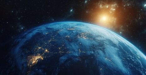 Obraz premium Earth from Space at Dusk with Vibrant Oceans and City Lights under Sunlight