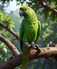 A green parrot on a sturdy branch high up in a tree, green parrot, branches , ornithology