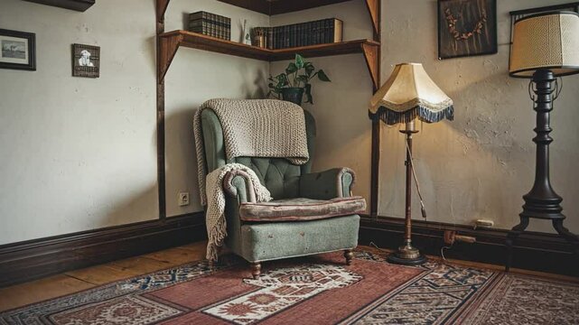 Cozy Reading Nook: A vintage green armchair draped with a soft throw sits invitingly in a sunlit corner, next to a floor lamp and antique bookshelves, creating a warm and peaceful atmosphere.