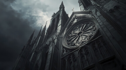 Majestic gothic cathedral facade, intricate stonework, towering spires, large rose window, dark grey tones. Gothic Cathedral Shadows. Illustration