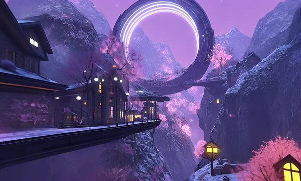 Futuristic mountain village, portal, winter, digital art, game background