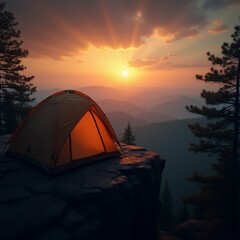 The image shows a camping tent pitched up on a rocky cliff overlooking a beautiful landscape.