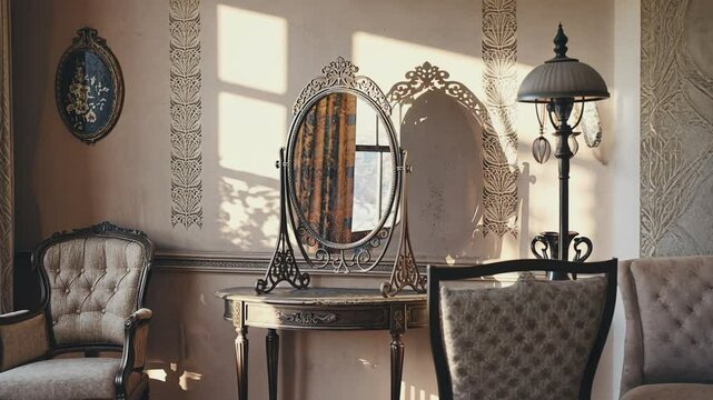 Elegant Dressing Table: A vintage dressing table, adorned with an ornate mirror and elegant lamp, sits bathed in soft sunlight in a luxuriously appointed room.