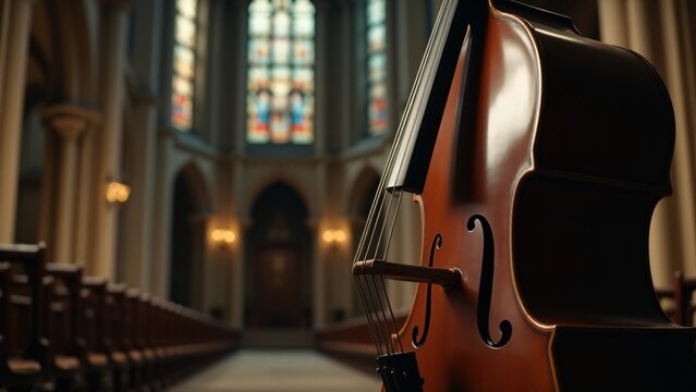 An octobass playing deep notes, set against a blurred Gothic cathedral. The thunderous bass creates an immersive atmosphere, blending with the imposing architecture to evoke a mystical, sacred vibe.