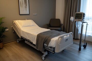 Fototapeta premium Modern Hospital Room with Adjustable Bed and Medical Equipment in a Calm Environment, Ideal for Health Care and Wellness Themes