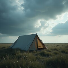The image shows a tent set up in a field of tall grass. The tent is grey and orange in color and is facing towards the right side of the image.