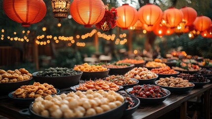 Outdoor Asian food buffet, lanterns, garden party