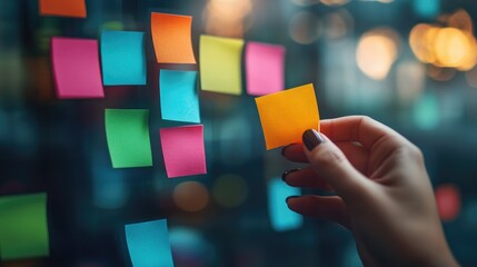 Woman's Hand Placing Sticky Note on Glass Board.