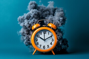 Bright orange alarm clock surrounded by swirling gray smoke creates an intriguing contrast in a creative composition