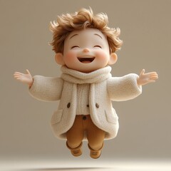 Fototapeta premium Cheerful Jumping Boy in Casual Red Sweater and Blue Pants Smiling with Joyful Energy