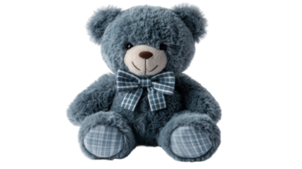 Soft blue teddy bear with a checkered bow isolated on transparent background