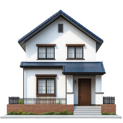 Naklejka premium a modern two-story house featuring a white exterior with brown accents. a blue roof. and several windows the front yard includes a small garden and a fence. emphasizing a welcoming and contemporary re