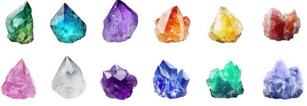 a variety of colorful crystals and gemstones arranged in two rows each crystal exhibits unique shapes and vibrant hues. including greens. blues. purples. oranges. and yellows. highlighting their natur