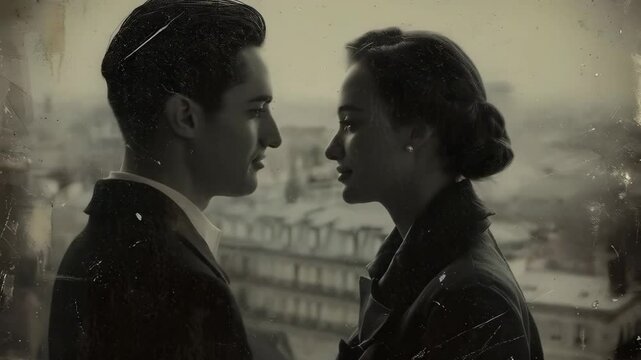 Romantic young couple kissing in city street. Old retro black and white monochrome photo, 1970s 1980s style. Vintage dust and noise effect. Valentine's Day, anniversary, love
