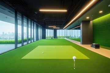 Modern Indoor Golf Simulation Space with Lush Green Carpet and Expansive City View, Ideal for Leisure and Fitness Activities in Urban Environment