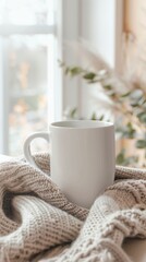 Cozy Scene with White Mug on Knitted Sweater by Window