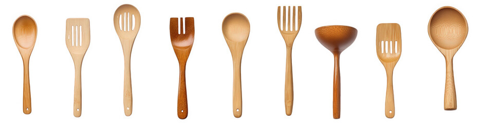 collection of wooden kitchen utensils arranged in a row these utensils include various types of spoons and spatulas. showcasing different shapes and sizes. all made from wood. ideal for cooking and se