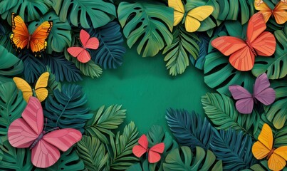 Colorful butterflies amidst lush greenery nature scene vibrant artwork tropical environment close-up view serenity concept