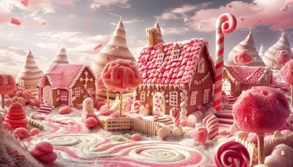 A whimsical candy village with gingerbread houses, candy trees and candy canes.