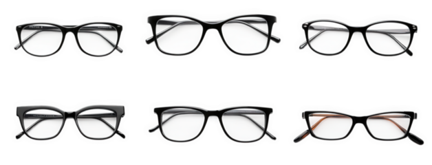 a collection of six pairs of eyeglasses arranged in two rows. showcasing various styles and designs the glasses are primarily black with subtle variations in shape and detailing. emphasizing their fun