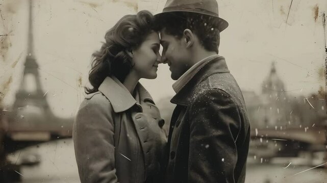 Romantic couple kissing in Paris with Eiffel Tower on background. Valentine's Day, wedding, honeymoon. Love romantic concept. Old retro black and white monochrome style. Vintage dust and noise effect
